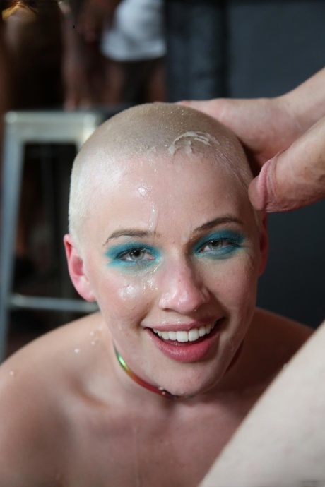 Busty alt girl concludes interracial gangbang with jizz on her buzzed head 49585398
