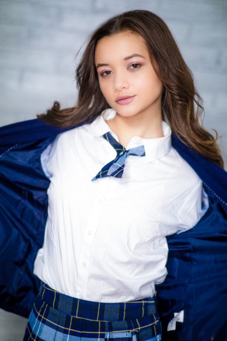 Tiny teen Alex De La Flor removes school uniform to pose nude in tie and socks 31705216