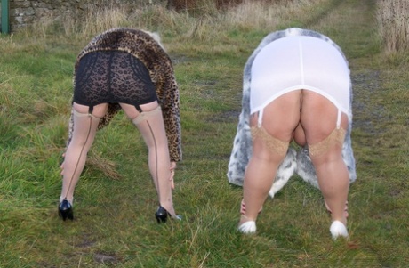 Mature fatties Speedy Bee & Busty Kim lick each others nipples in the country 86962445