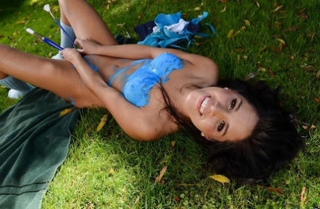 Slim amateur with neat fanny Missy Maze enjoys a messy play outdoor 59090881