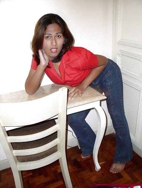 Brunette Asian ladyboy posing in jeans and showcasing her hairy cock 31149733